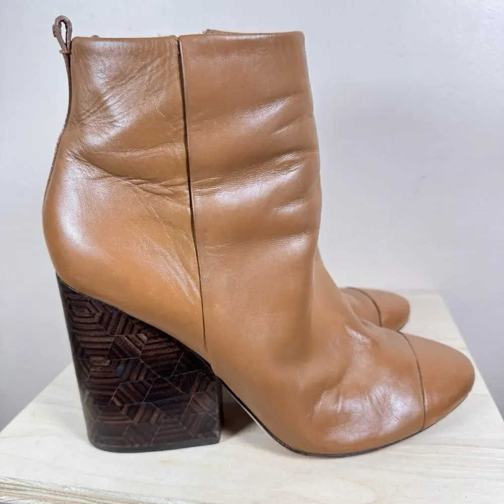 Tory Burch Grove Leather 100mm Block-Heel Bootie Tan Brown Sz 11